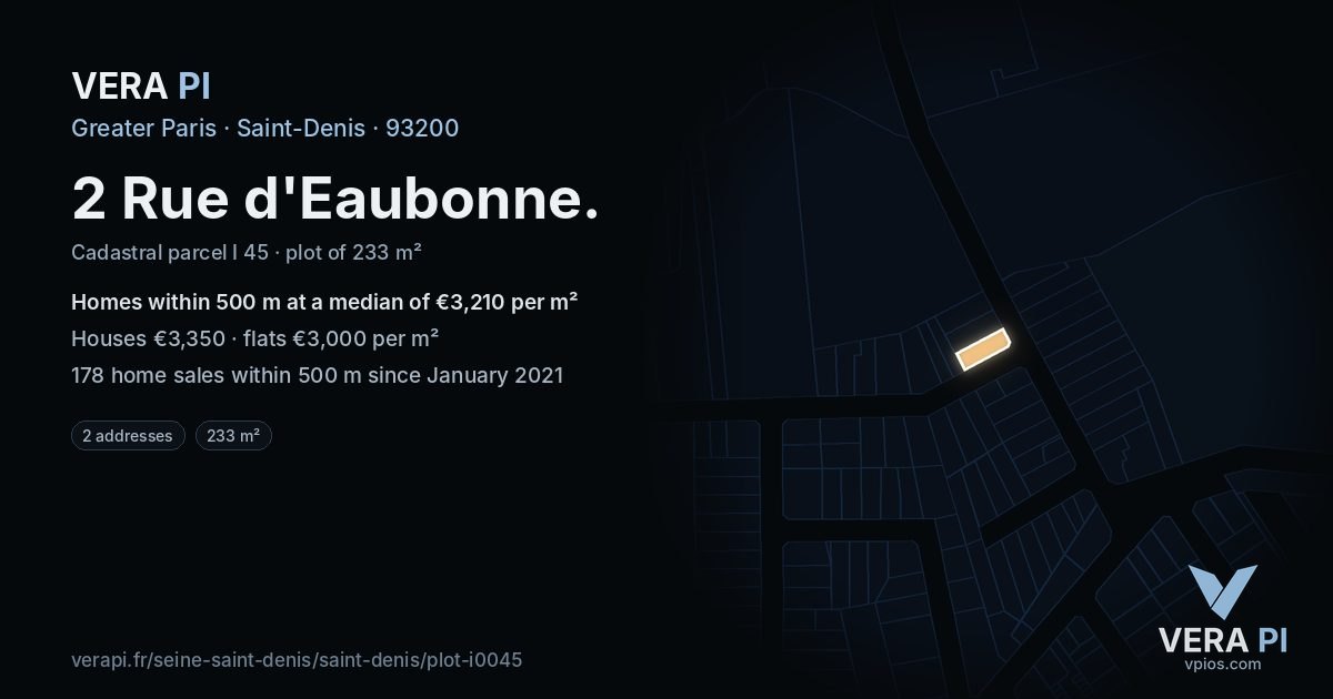 2 Rue d'Eaubonne, Saint-Denis at night – the plot lit, the parcels around coloured by the prices near them