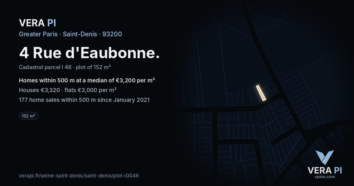 4 Rue d'Eaubonne, Saint-Denis at night – the plot lit, the parcels around coloured by the prices near them