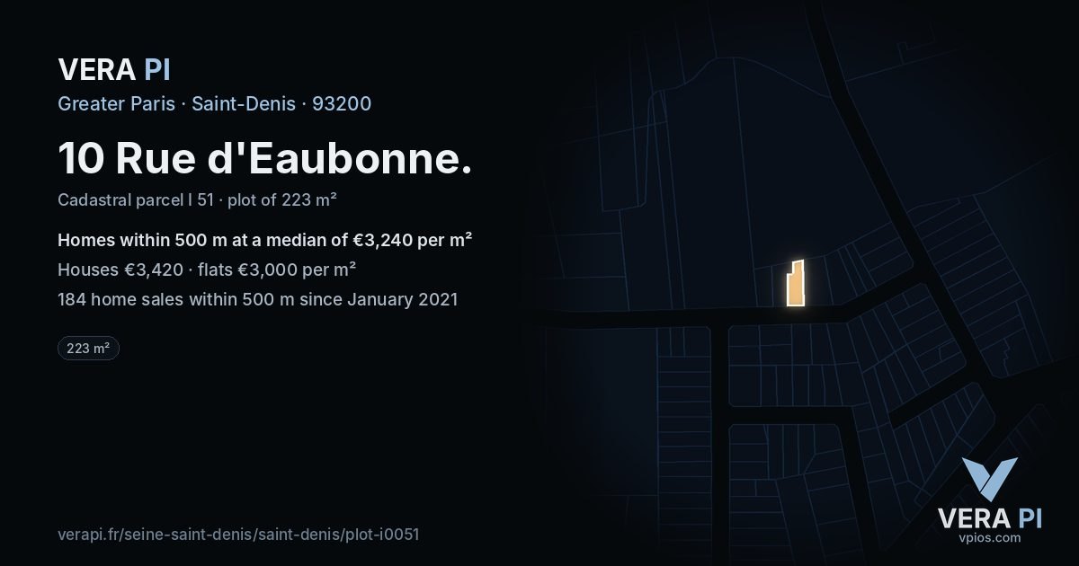 10 Rue d'Eaubonne, Saint-Denis at night – the plot lit, the parcels around coloured by the prices near them