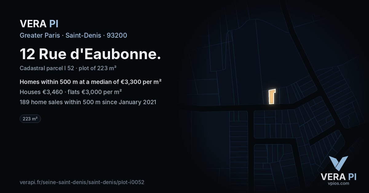 12 Rue d'Eaubonne, Saint-Denis at night – the plot lit, the parcels around coloured by the prices near them