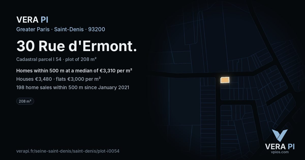 30 Rue d'Ermont, Saint-Denis at night – the plot lit, the parcels around coloured by the prices near them