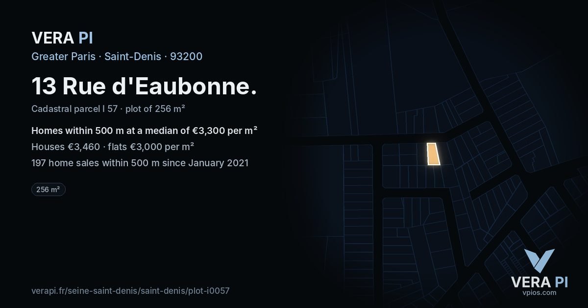 13 Rue d'Eaubonne, Saint-Denis at night – the plot lit, the parcels around coloured by the prices near them