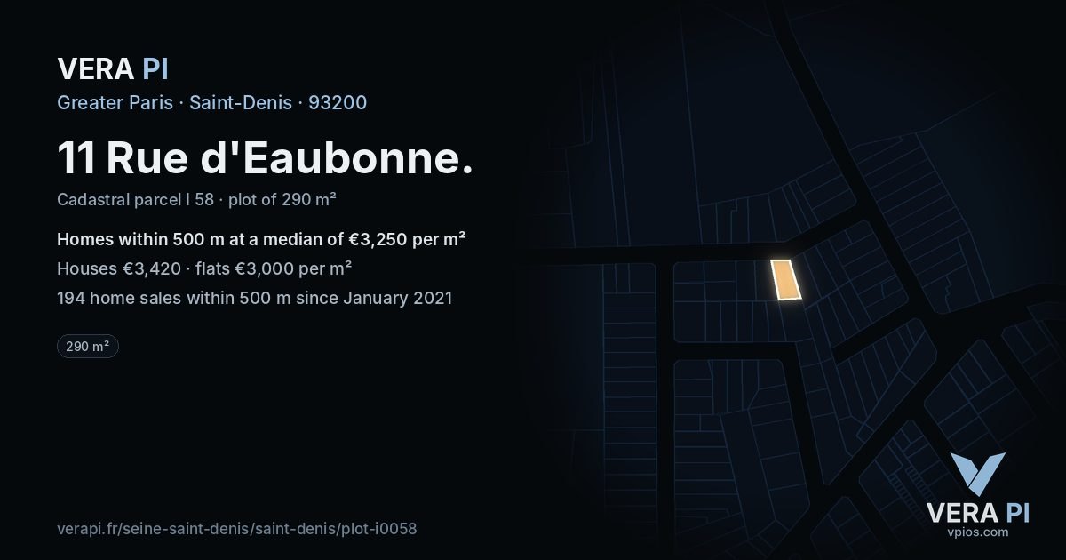 11 Rue d'Eaubonne, Saint-Denis at night – the plot lit, the parcels around coloured by the prices near them