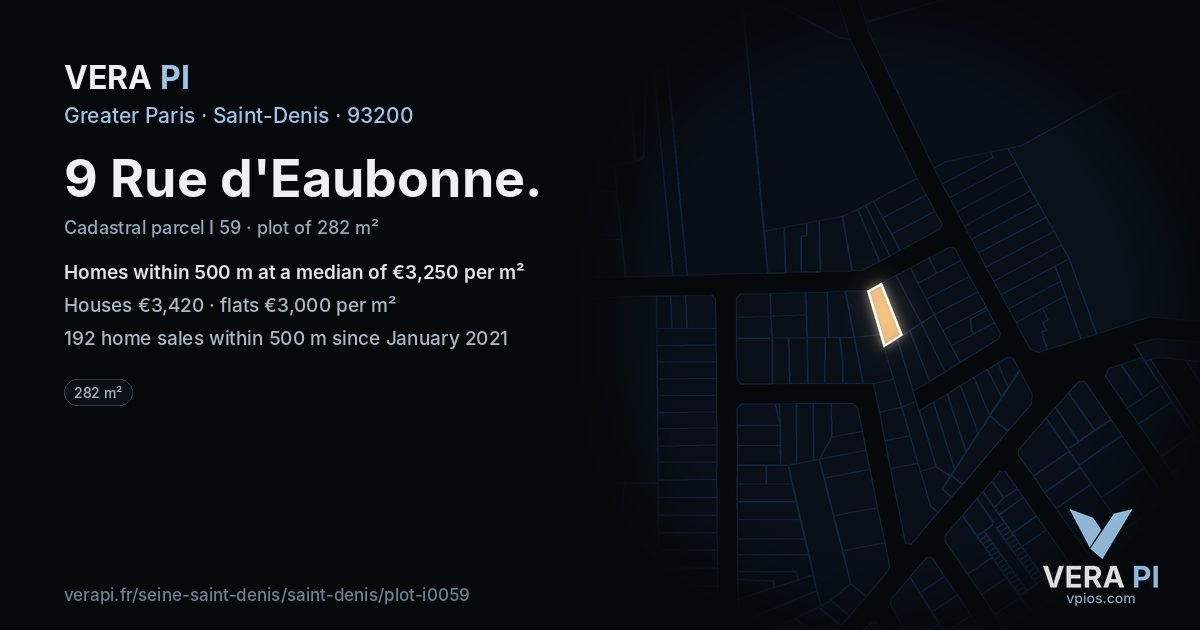 9 Rue d'Eaubonne, Saint-Denis at night – the plot lit, the parcels around coloured by the prices near them