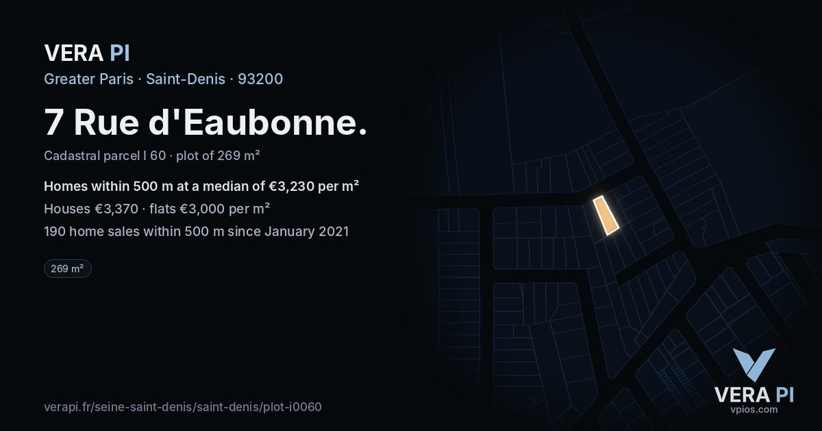 7 Rue d'Eaubonne, Saint-Denis at night – the plot lit, the parcels around coloured by the prices near them