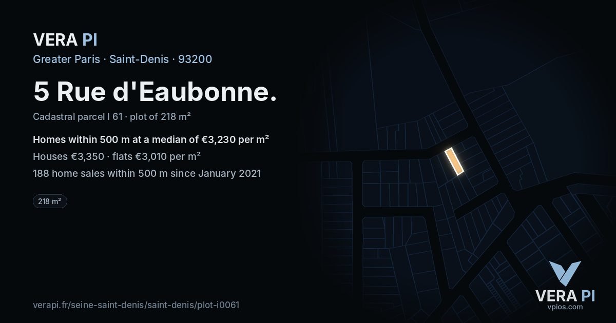 5 Rue d'Eaubonne, Saint-Denis at night – the plot lit, the parcels around coloured by the prices near them
