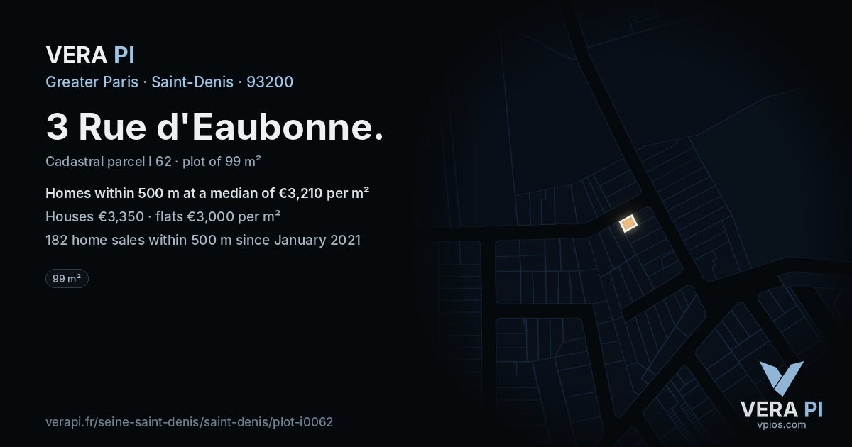 3 Rue d'Eaubonne, Saint-Denis at night – the plot lit, the parcels around coloured by the prices near them