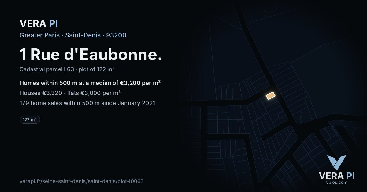 1 Rue d'Eaubonne, Saint-Denis at night – the plot lit, the parcels around coloured by the prices near them