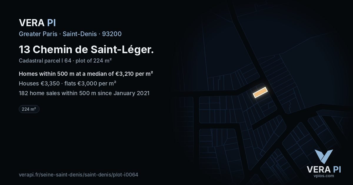 13 Chemin de Saint-Léger, Saint-Denis at night – the plot lit, the parcels around coloured by the prices near them