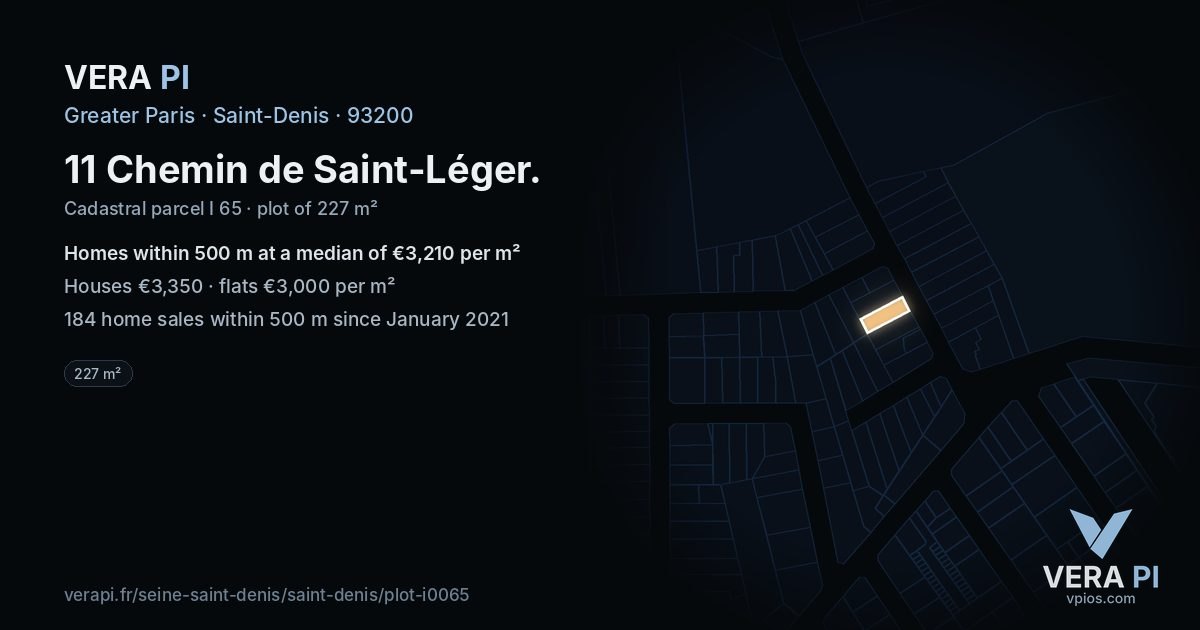 11 Chemin de Saint-Léger, Saint-Denis at night – the plot lit, the parcels around coloured by the prices near them