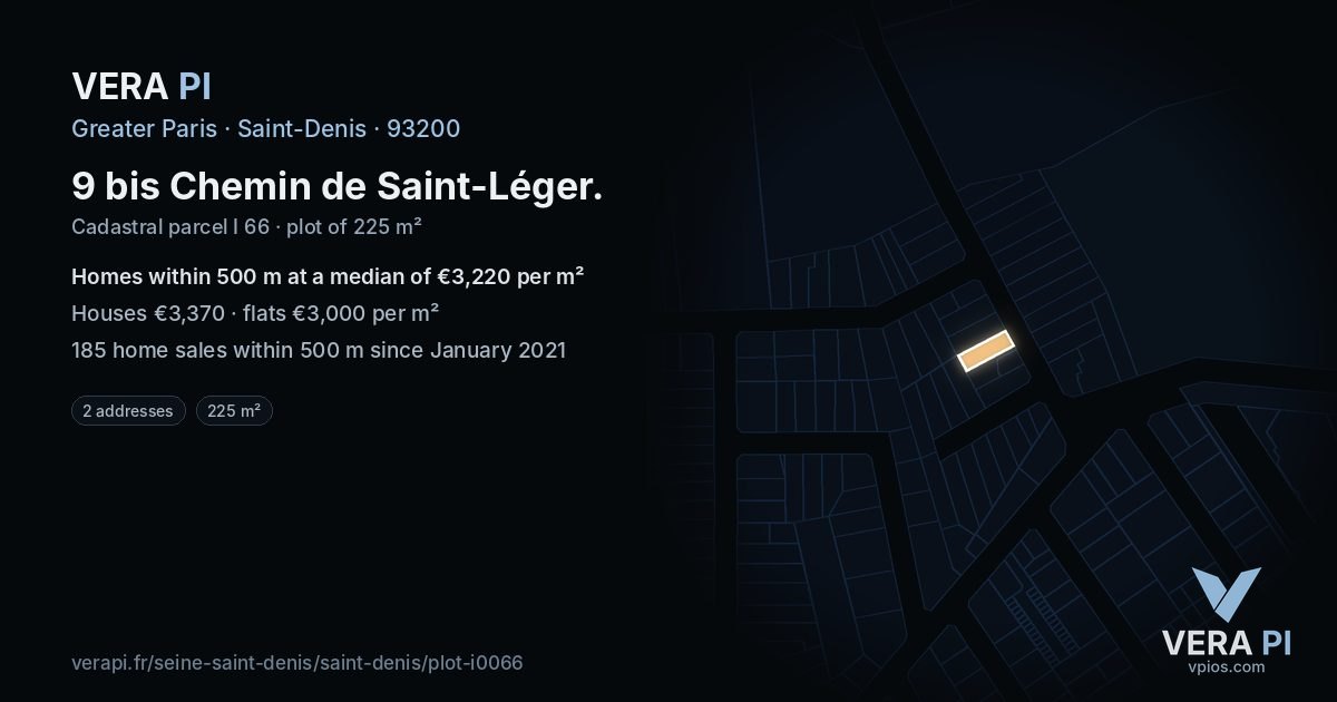 9 bis Chemin de Saint-Léger, Saint-Denis at night – the plot lit, the parcels around coloured by the prices near them