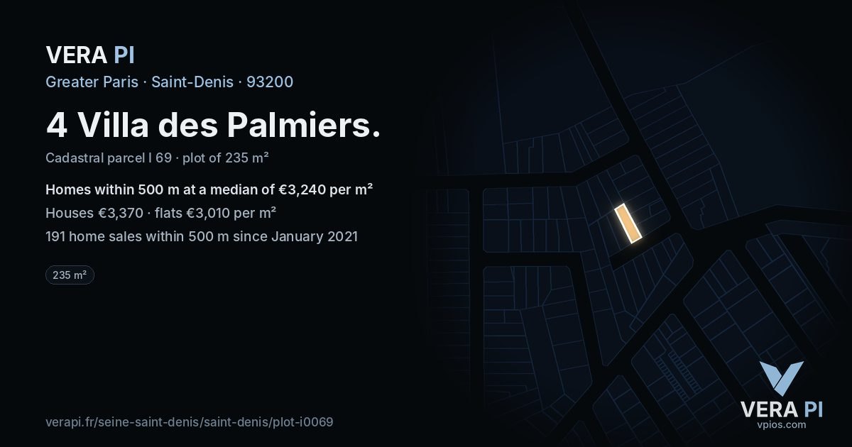 4 Villa des Palmiers, Saint-Denis at night – the plot lit, the parcels around coloured by the prices near them