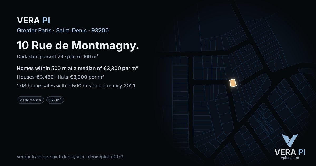 10 Rue de Montmagny, Saint-Denis at night – the plot lit, the parcels around coloured by the prices near them