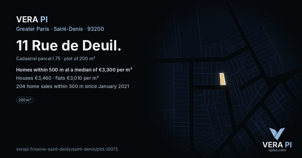 11 Rue de Deuil, Saint-Denis at night – the plot lit, the parcels around coloured by the prices near them