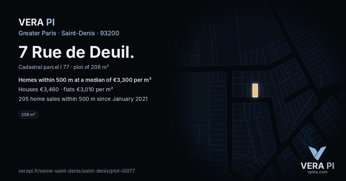 7 Rue de Deuil, Saint-Denis at night – the plot lit, the parcels around coloured by the prices near them
