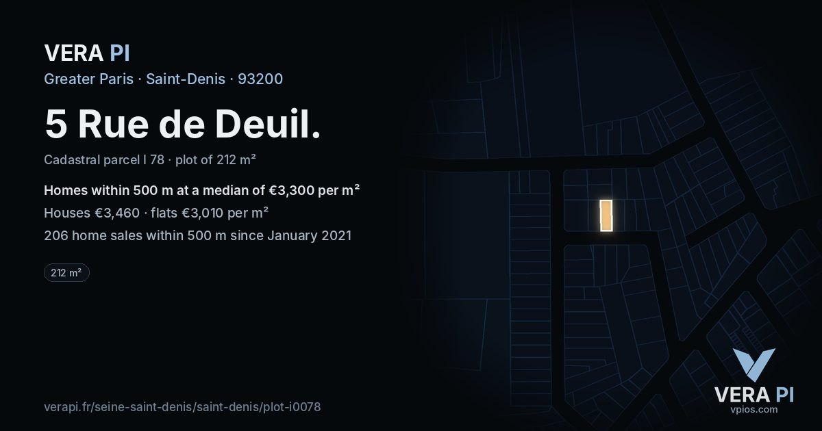 5 Rue de Deuil, Saint-Denis at night – the plot lit, the parcels around coloured by the prices near them