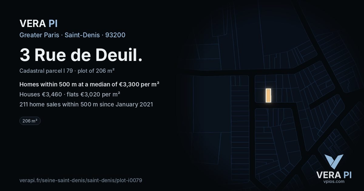 3 Rue de Deuil, Saint-Denis at night – the plot lit, the parcels around coloured by the prices near them
