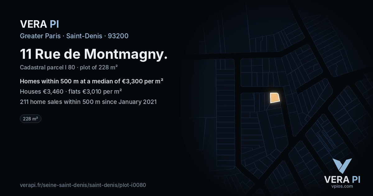 11 Rue de Montmagny, Saint-Denis at night – the plot lit, the parcels around coloured by the prices near them