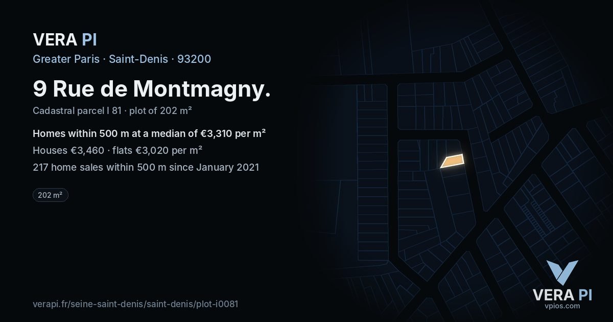 9 Rue de Montmagny, Saint-Denis at night – the plot lit, the parcels around coloured by the prices near them