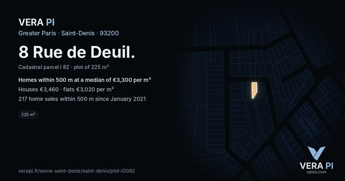 8 Rue de Deuil, Saint-Denis at night – the plot lit, the parcels around coloured by the prices near them