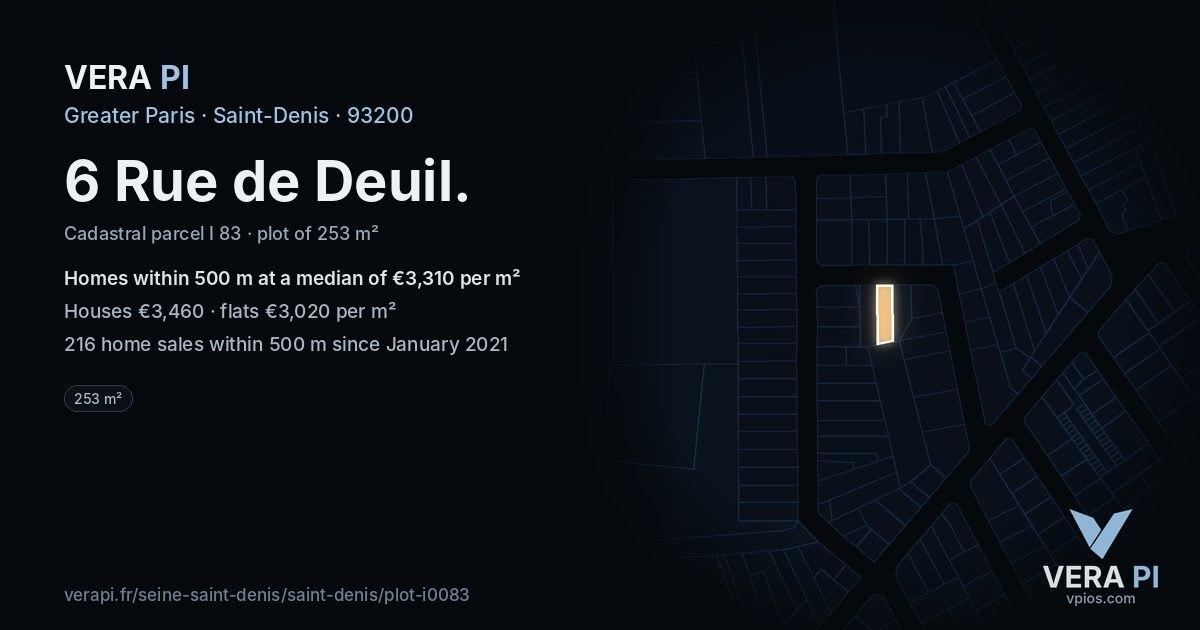 6 Rue de Deuil, Saint-Denis at night – the plot lit, the parcels around coloured by the prices near them