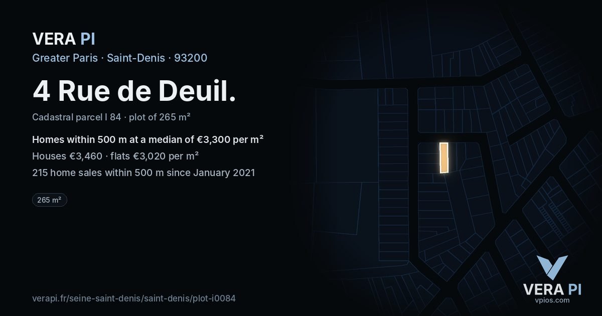 4 Rue de Deuil, Saint-Denis at night – the plot lit, the parcels around coloured by the prices near them