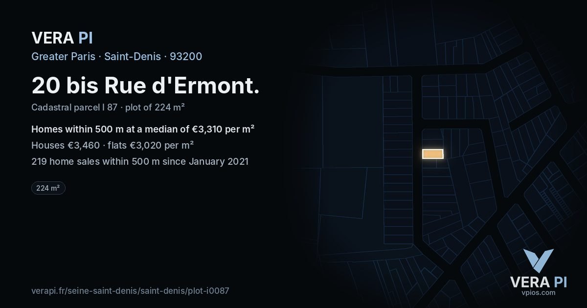20 bis Rue d'Ermont, Saint-Denis at night – the plot lit, the parcels around coloured by the prices near them