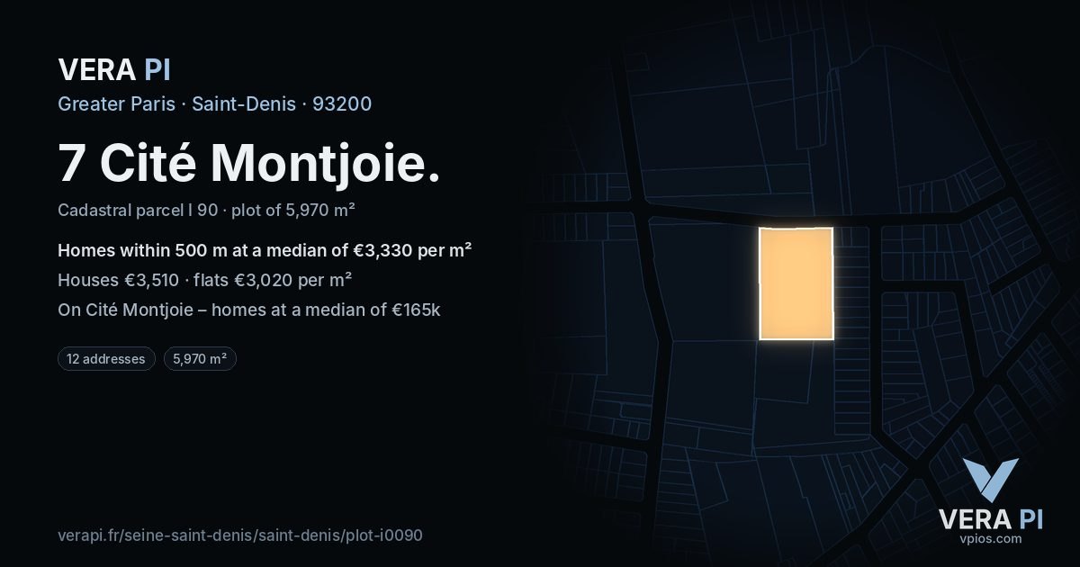 7 Cité Montjoie, Saint-Denis at night – the plot lit, the parcels around coloured by the prices near them