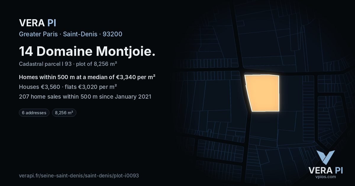 14 Domaine Montjoie, Saint-Denis at night – the plot lit, the parcels around coloured by the prices near them