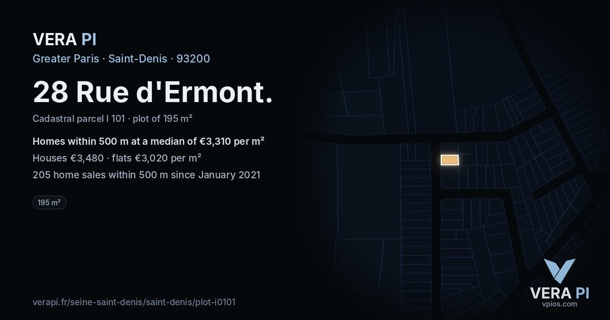 28 Rue d'Ermont, Saint-Denis at night – the plot lit, the parcels around coloured by the prices near them
