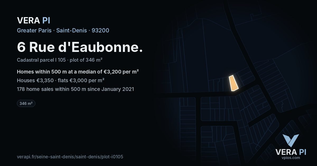 6 Rue d'Eaubonne, Saint-Denis at night – the plot lit, the parcels around coloured by the prices near them