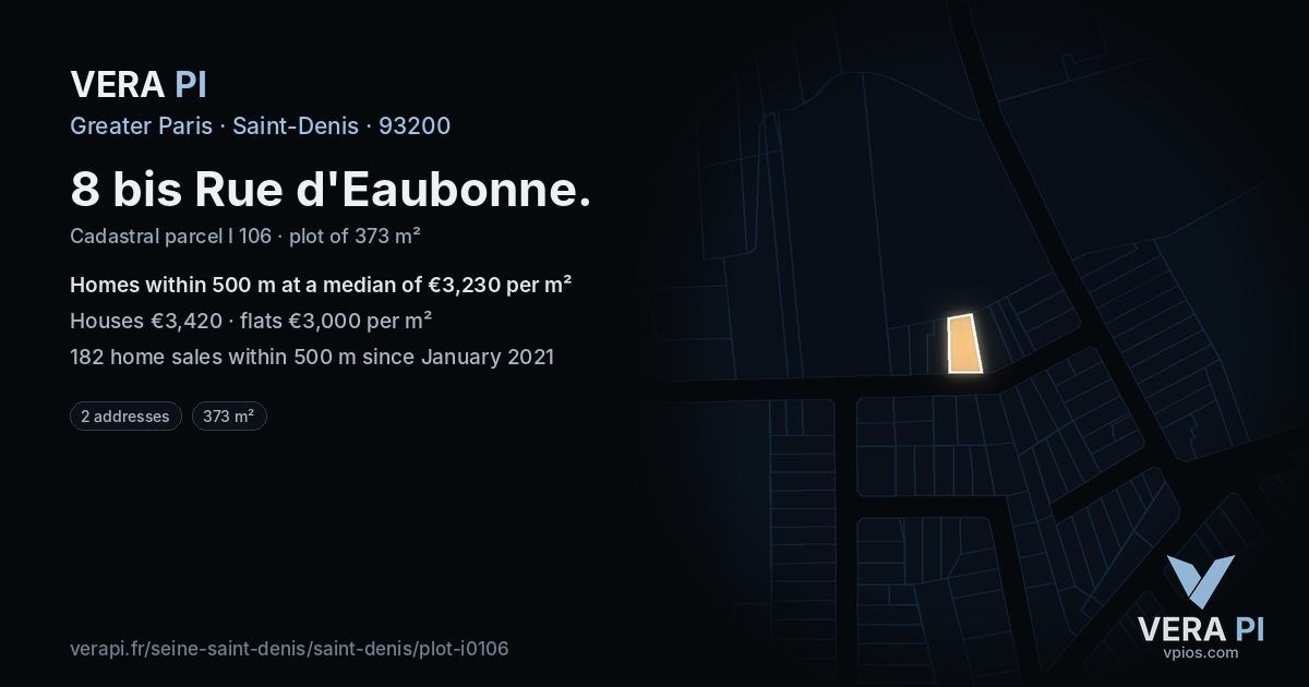 8 bis Rue d'Eaubonne, Saint-Denis at night – the plot lit, the parcels around coloured by the prices near them