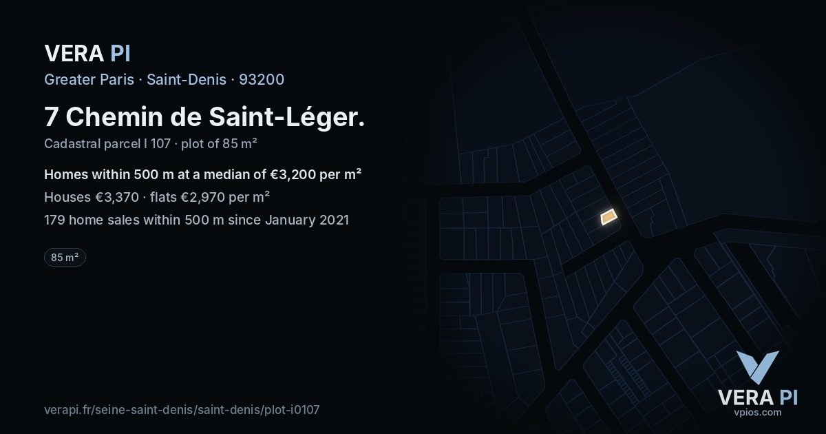 7 Chemin de Saint-Léger, Saint-Denis at night – the plot lit, the parcels around coloured by the prices near them