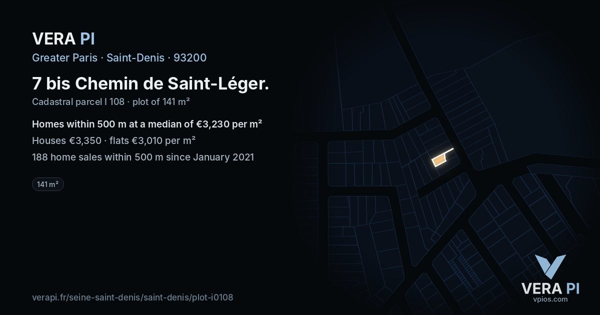 7 bis Chemin de Saint-Léger, Saint-Denis at night – the plot lit, the parcels around coloured by the prices near them