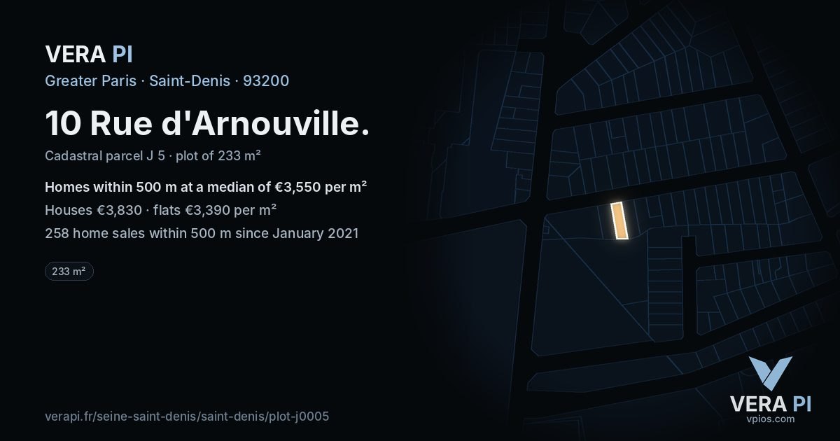 10 Rue d'Arnouville, Saint-Denis at night – the plot lit, the parcels around coloured by the prices near them