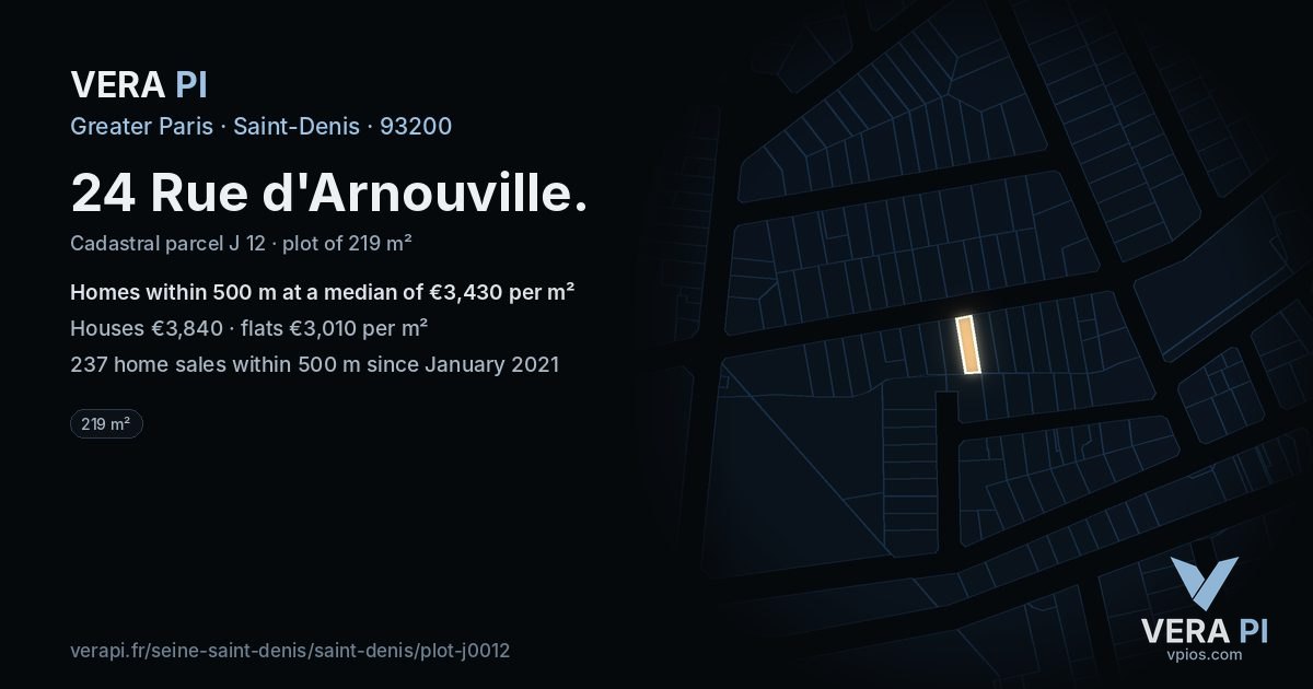 24 Rue d'Arnouville, Saint-Denis at night – the plot lit, the parcels around coloured by the prices near them