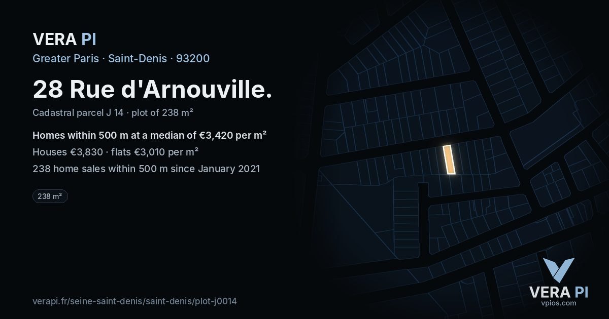 28 Rue d'Arnouville, Saint-Denis at night – the plot lit, the parcels around coloured by the prices near them