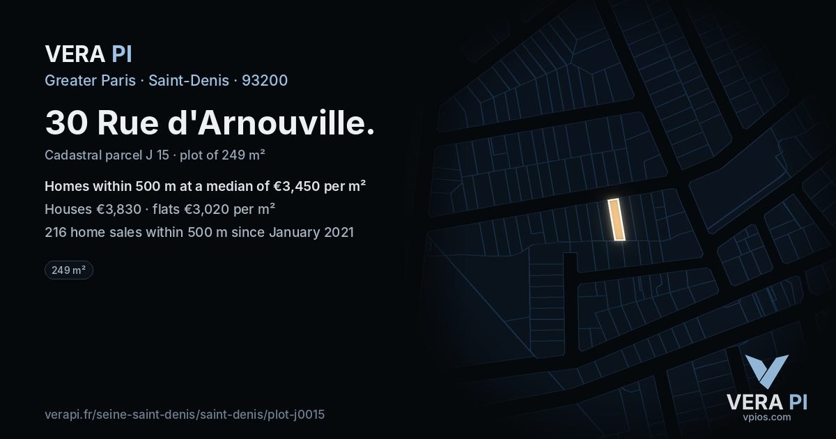 30 Rue d'Arnouville, Saint-Denis at night – the plot lit, the parcels around coloured by the prices near them