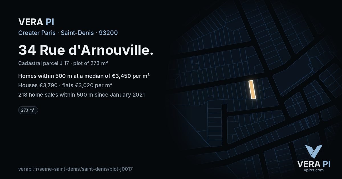 34 Rue d'Arnouville, Saint-Denis at night – the plot lit, the parcels around coloured by the prices near them