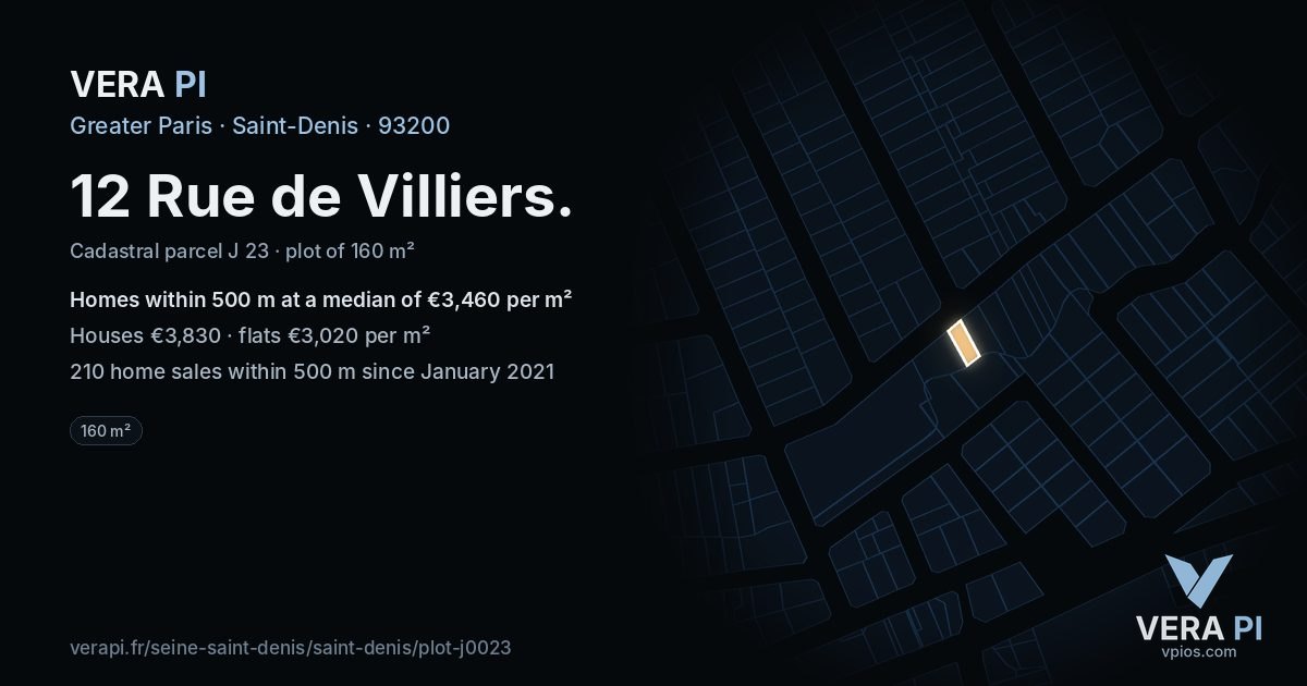 12 Rue de Villiers, Saint-Denis at night – the plot lit, the parcels around coloured by the prices near them