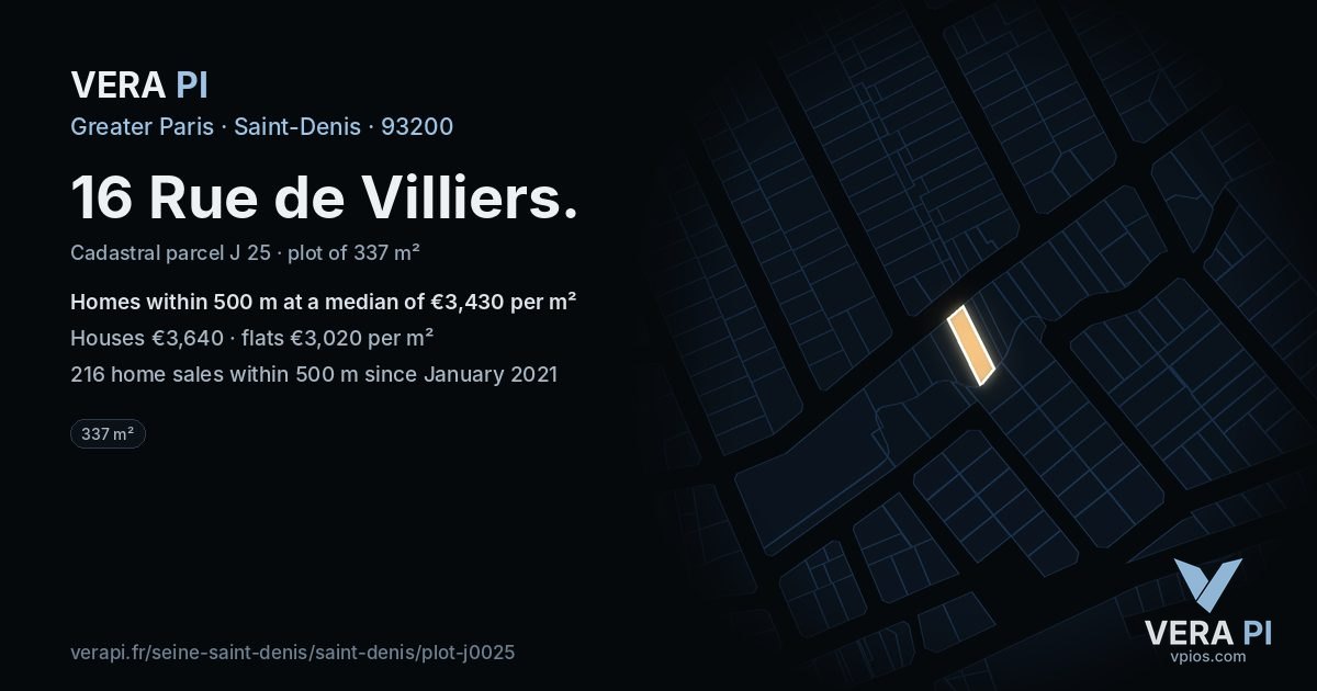 16 Rue de Villiers, Saint-Denis at night – the plot lit, the parcels around coloured by the prices near them
