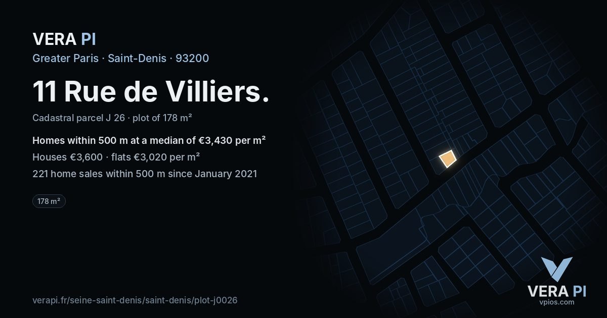 11 Rue de Villiers, Saint-Denis at night – the plot lit, the parcels around coloured by the prices near them
