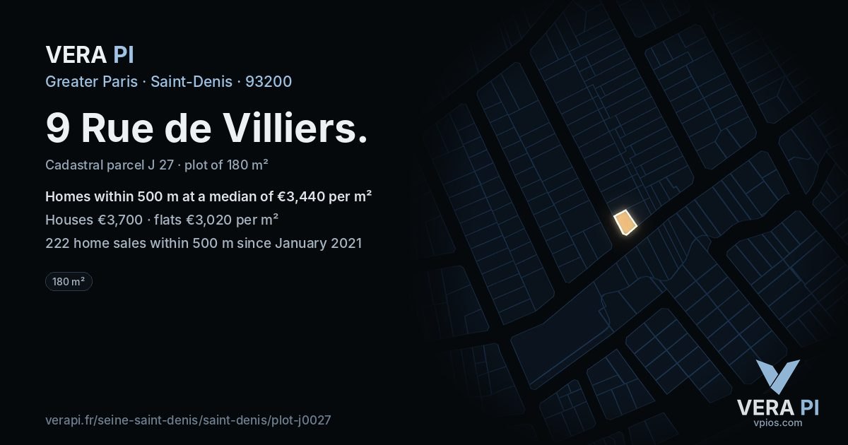 9 Rue de Villiers, Saint-Denis at night – the plot lit, the parcels around coloured by the prices near them