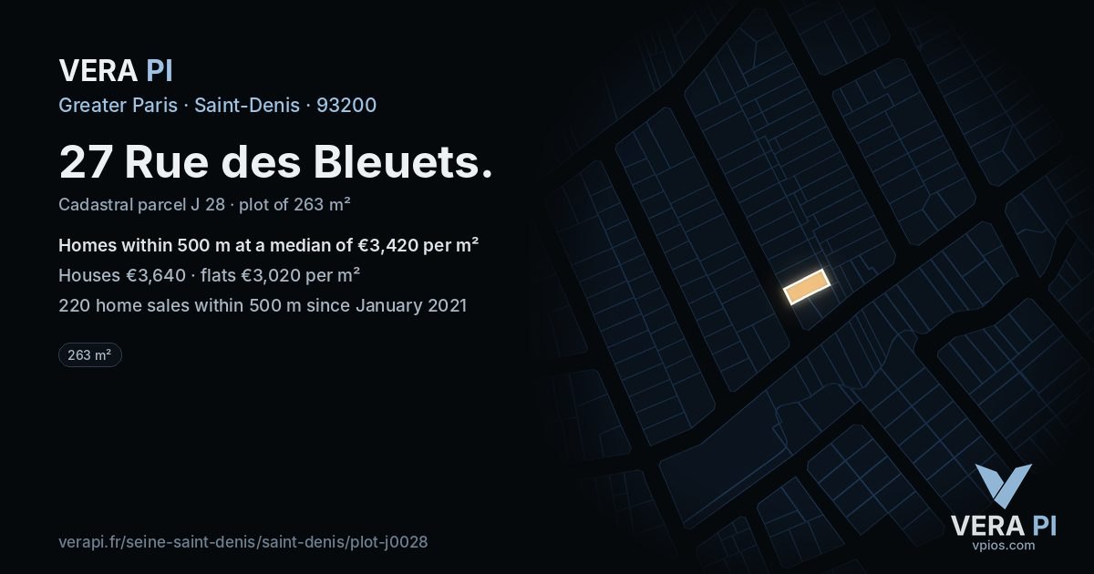 27 Rue des Bleuets, Saint-Denis at night – the plot lit, the parcels around coloured by the prices near them