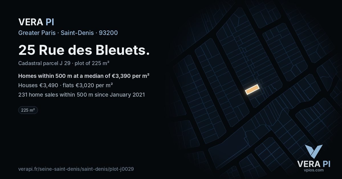 25 Rue des Bleuets, Saint-Denis at night – the plot lit, the parcels around coloured by the prices near them