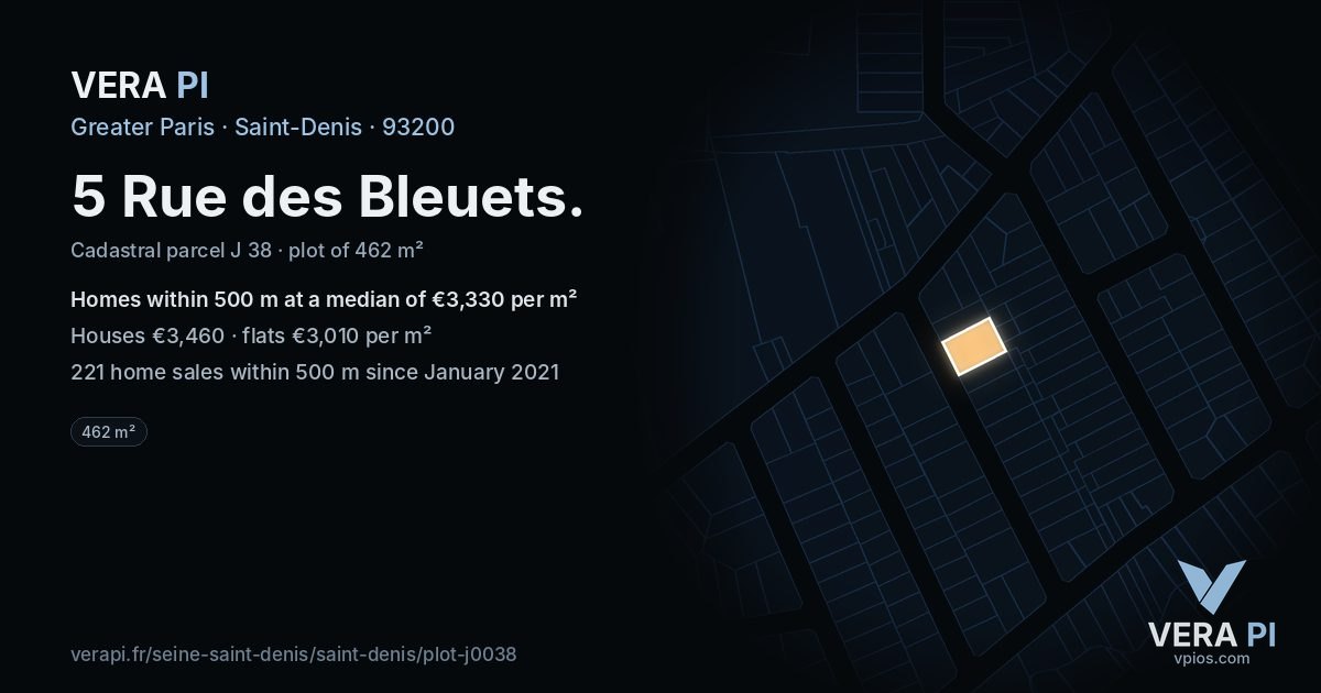 5 Rue des Bleuets, Saint-Denis at night – the plot lit, the parcels around coloured by the prices near them