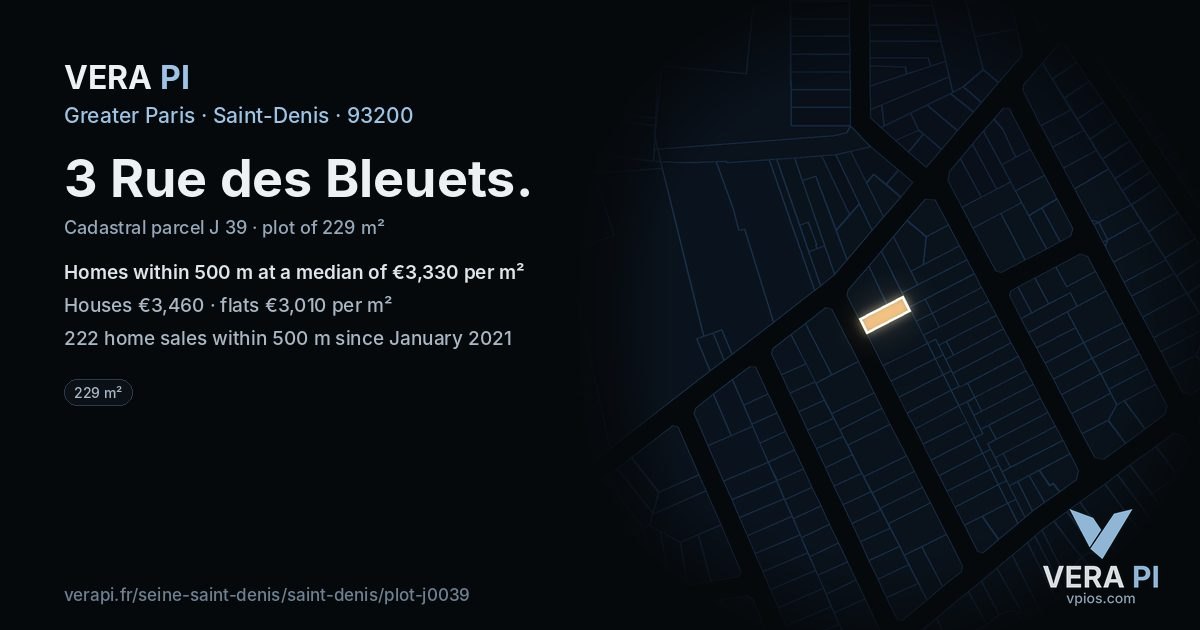 3 Rue des Bleuets, Saint-Denis at night – the plot lit, the parcels around coloured by the prices near them