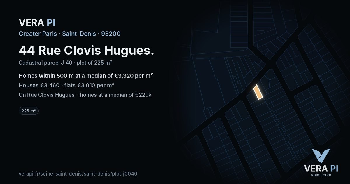 44 Rue Clovis Hugues, Saint-Denis at night – the plot lit, the parcels around coloured by the prices near them