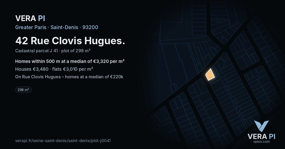 42 Rue Clovis Hugues, Saint-Denis at night – the plot lit, the parcels around coloured by the prices near them