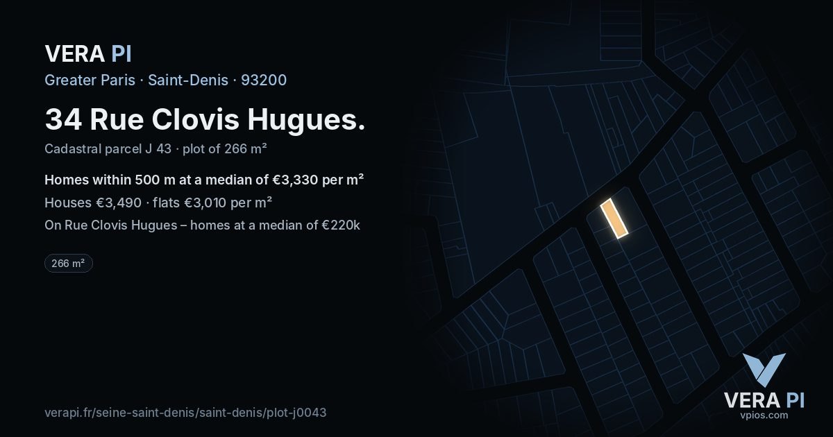 34 Rue Clovis Hugues, Saint-Denis at night – the plot lit, the parcels around coloured by the prices near them